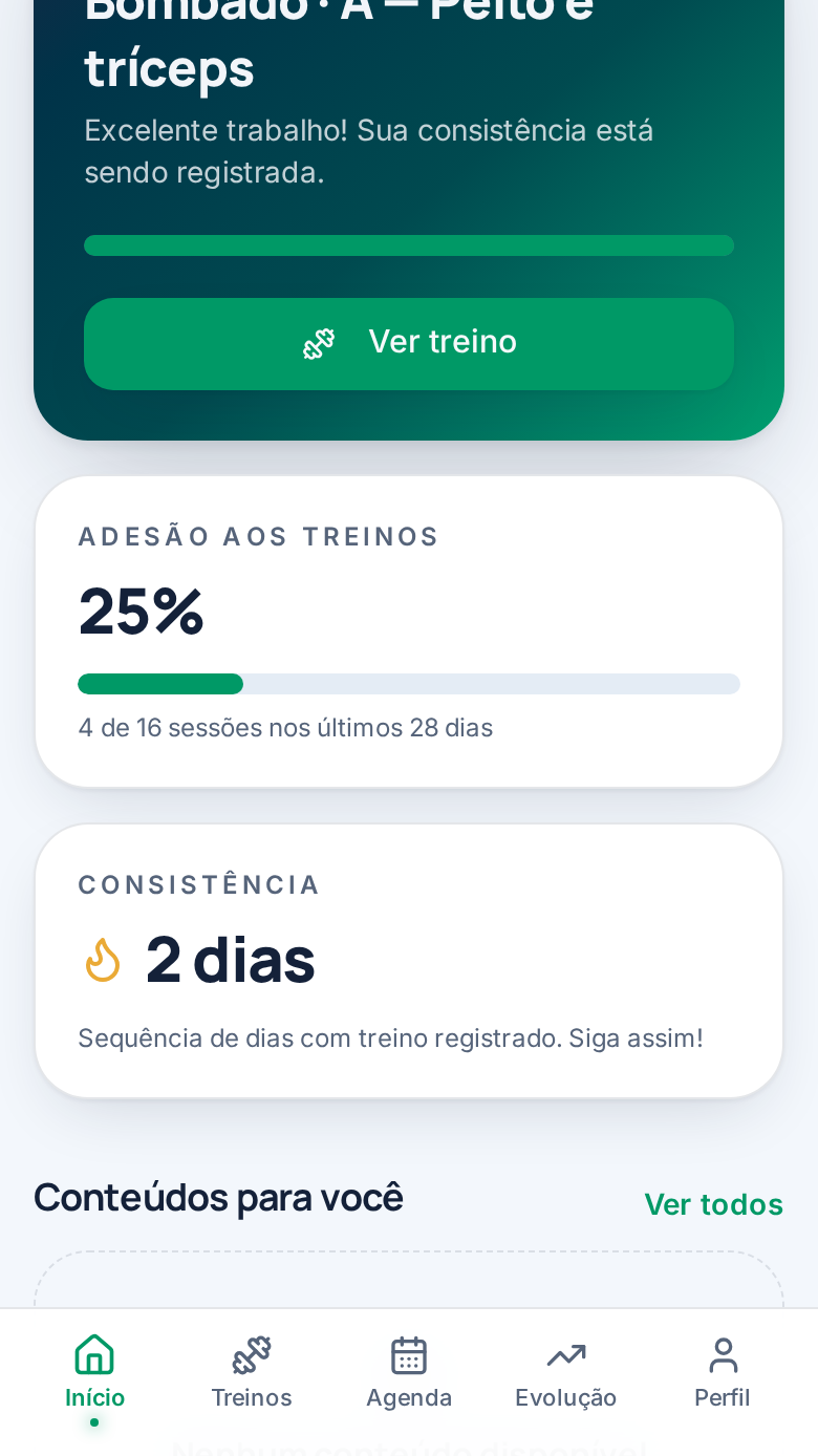 Tela inicial do aplicativo do aluno, com treino do dia, adesão e evolução